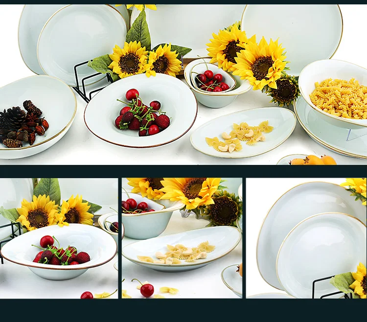 Wholesale Special Shape Hotel Ceramic Restaurant Ceramic Salad Fruit Food Dim Sum Porcelain Gold Rim Glass Charger Plates