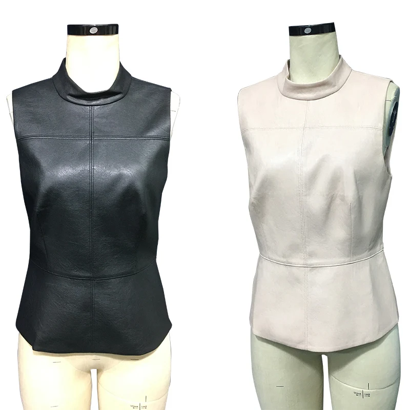 

T241 Spring Summer Fall High Quality Fashion Elegant Regular Length Sleeveless Stand Leather Women Casual Evening Tank Top