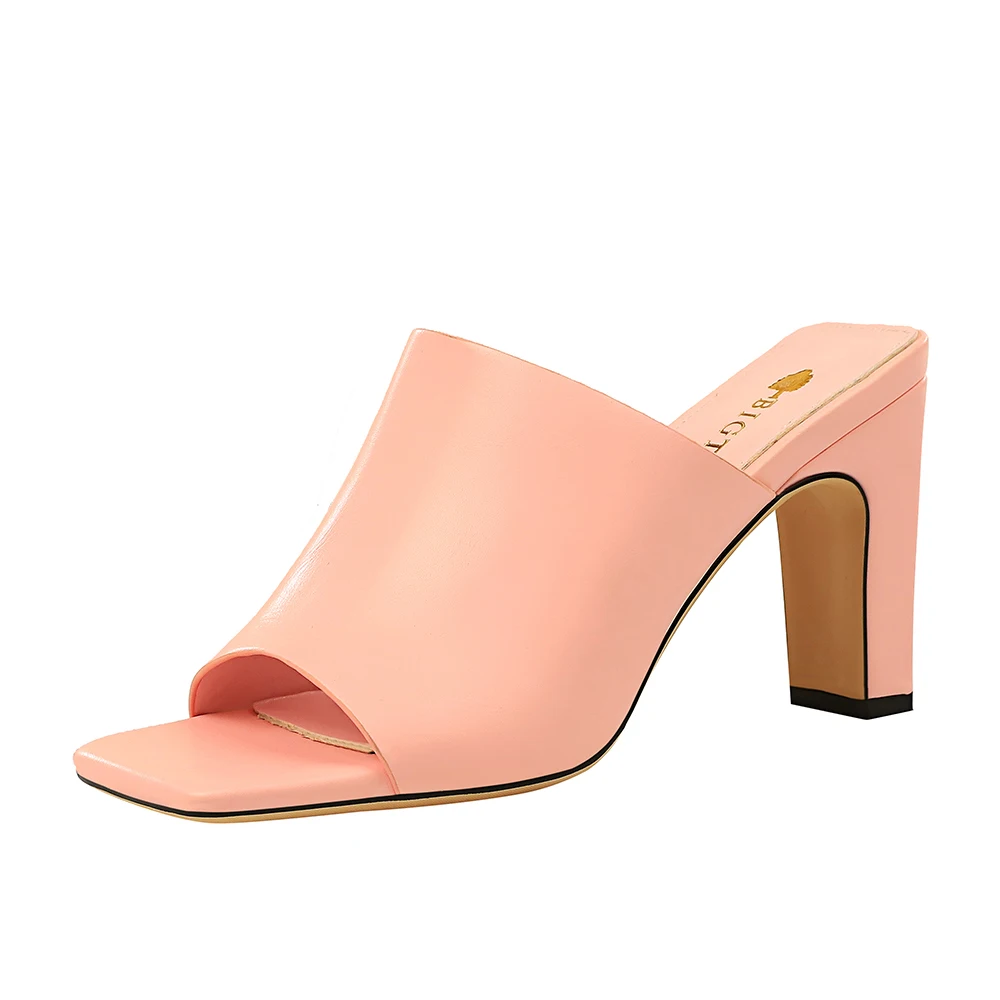 

82-6 BIGTREE contracted Women's shoes Candy color Cool slippers Square head open-toed Thick heel PU 8.5 CM slippers