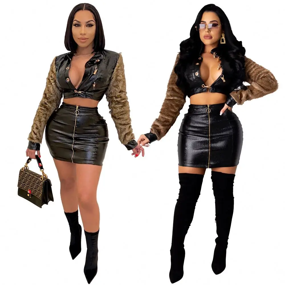 

Winter 2 Piece Sets Outfits Women Sexy Girl Bodycon Dresses 2021 Women Girls' Faux Fur Coats Leather Jackets Two Piece Set