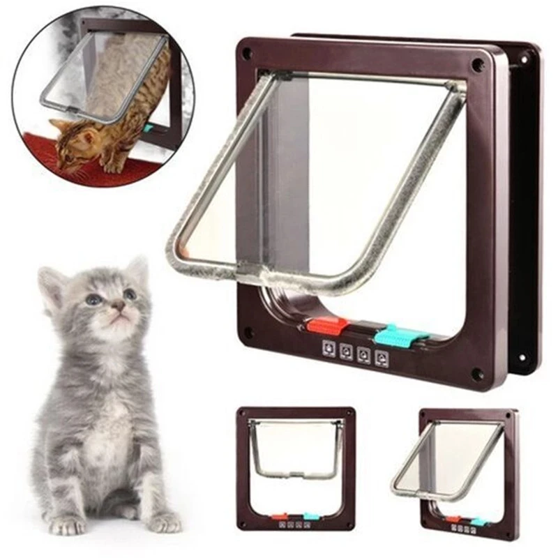 

M Size 7.87*7.48*2.16inch 4 Way Lock sureflap Microchip pet door ABS Plastic Small Dog Gate Cat Dogs Flap Door for Screen, Black white brown