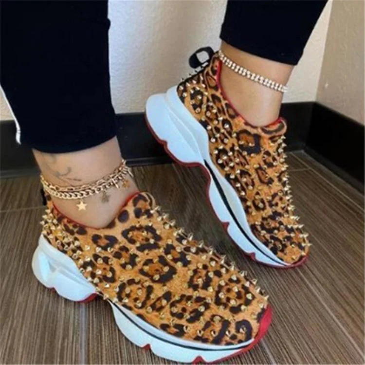 

Leopard Casual Rivet Shoe Slip On Footwear Plus Size Chunky Heels Women Shoes Sneakers Wedges Shoes Ladies