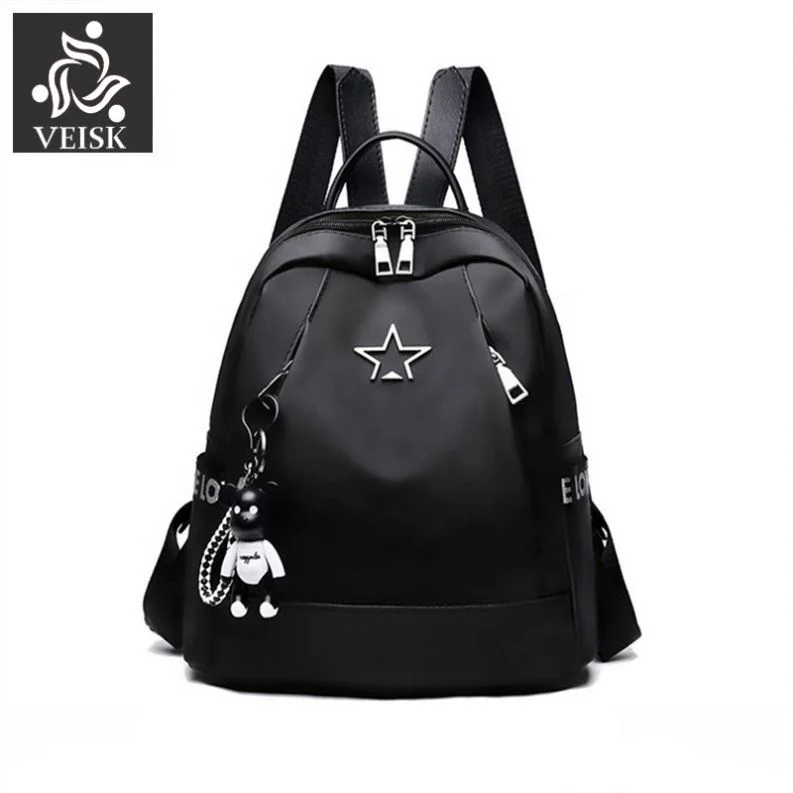

New Korean Women Oxford Backpack Black Color Ladies Cute Backpacks Casual Women Small Backpack With Bear Pendant