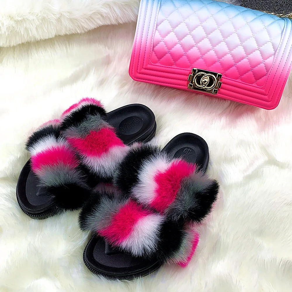 

custom logo slippers and bags set fashion fur slides and bag for women faux fox fur slippers and bags set cheap