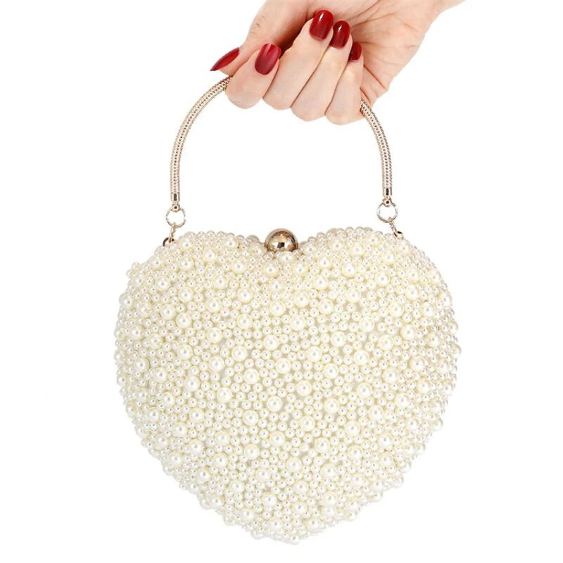 

2020 Luxury fashion heart shape purse pearl hand bag clutch evening bags, Pearl color, white, beige