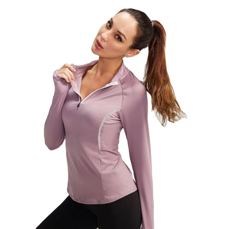 

Women's Sports Long-Sleeve Fitness Running Yoga Clothes High-Stretch Quick-Drying Stand-Up Collar Sweater Shirt, 8 colors
