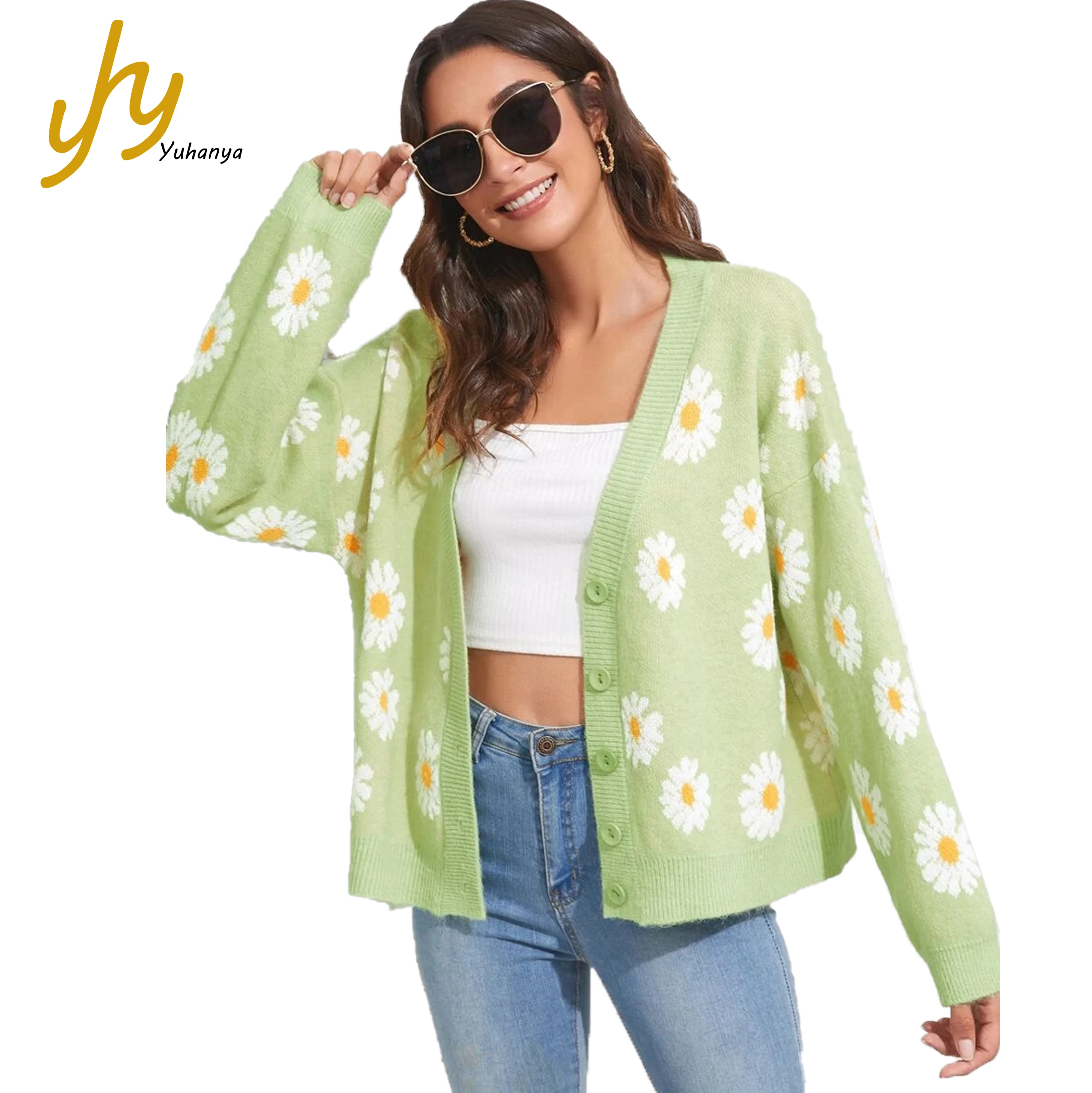 

Hot sale She in Button Front Daisy Floral Pattern Sweater Cardigan For Women, Pastel, lime green