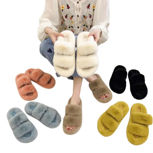 

Hot Sale Double Belt Plush Drag Outer Wear Slippers Female One Word Cotton Flat Home Plush Slippers