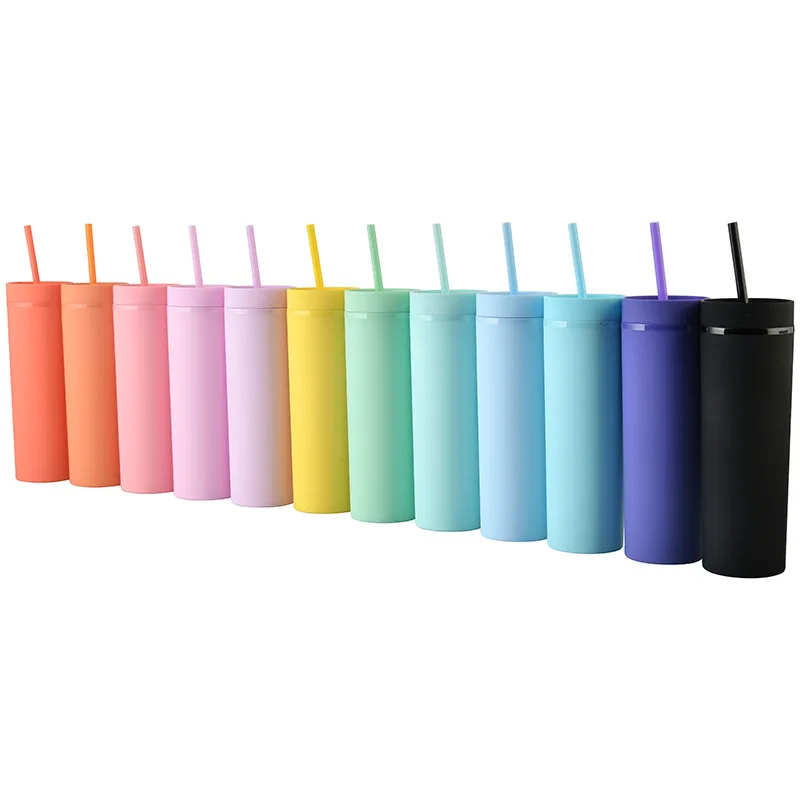 

A3097 Custom Logo 16oz Mugs Drink Fruit Coffee Tea Bottle Double Layer Polish Straight Cups Plastic Cup with straw, 9 colors