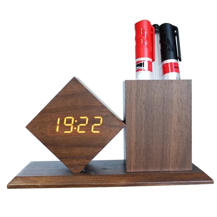 

Antique office wooden pen holder with digital clock, bamboo led digit clock with pen holder wooden pen stand with clock, Red led