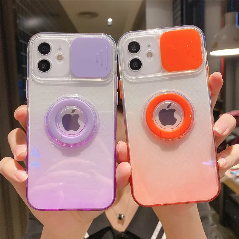

Gradient Sliding Window Phone Case For iPhone 14 13 12 11 Pro Max Xs Xr Xs Max 7 8Plus Camera Protective Ring Holder Phone Cover