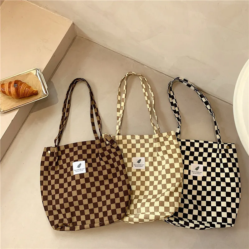 

Wholesale Korean New Product Material OEM Fashion Kawaii Reusable Shoulder Corduroy Tote Bag With Pocket, Customized color