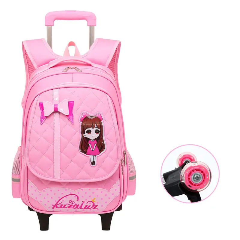 

Factory Wholesale Removable Girls Trolley School bag Children Backpack with Wheels mochila escolar infantil