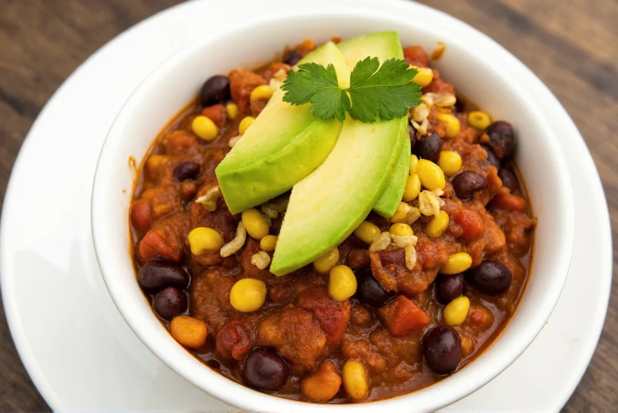Vegetarian chili bowl with black beans, corn, and avocado garnish on white plate