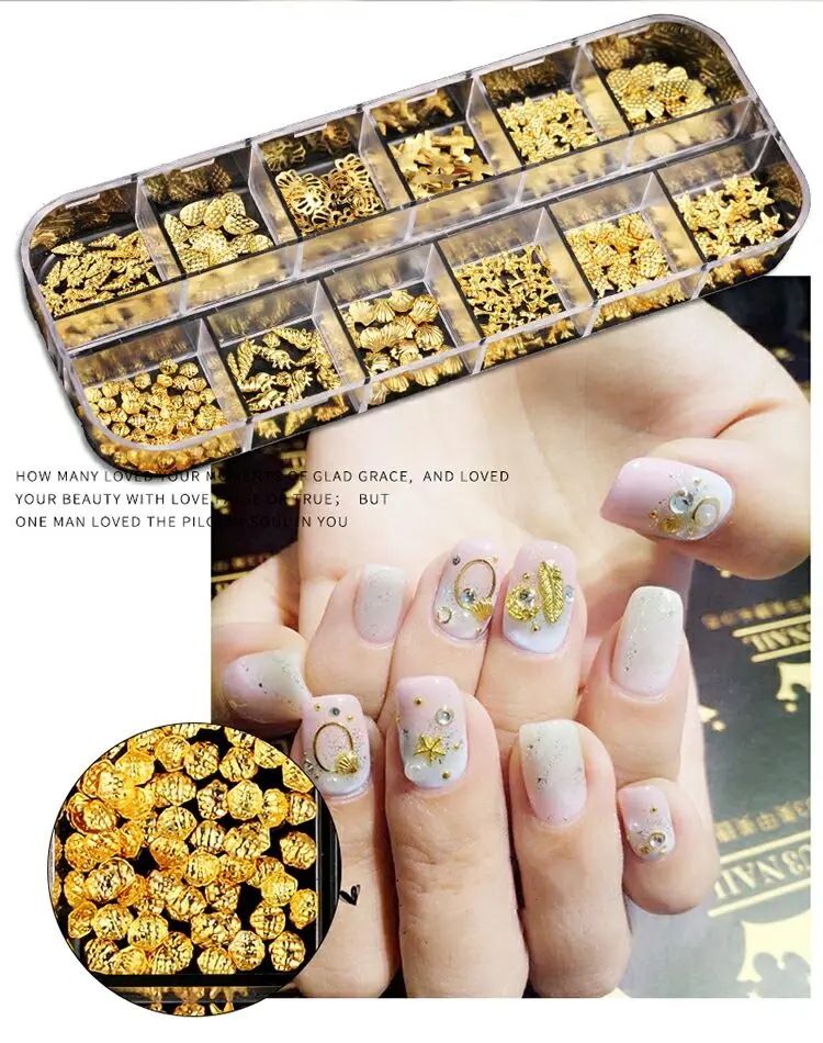 

12 Grids Wholesale Summer Wind Accessories Natural Shell Seahorse star Nail Decorations, Gold ore