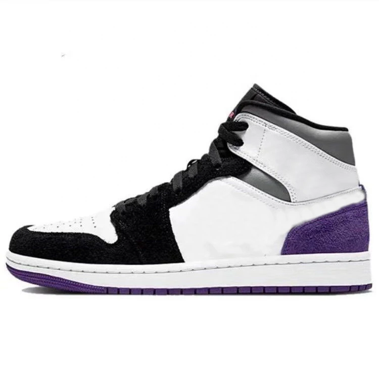 

Retro 1s leather upper rubber outsole air cushion men's basketball shoe mid black and white purple sneaker