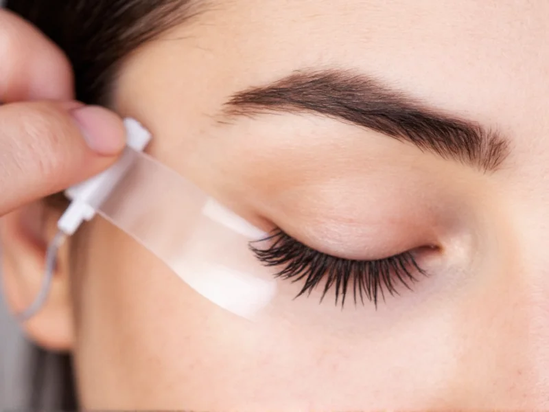Close-up of lash lift shield placement technique