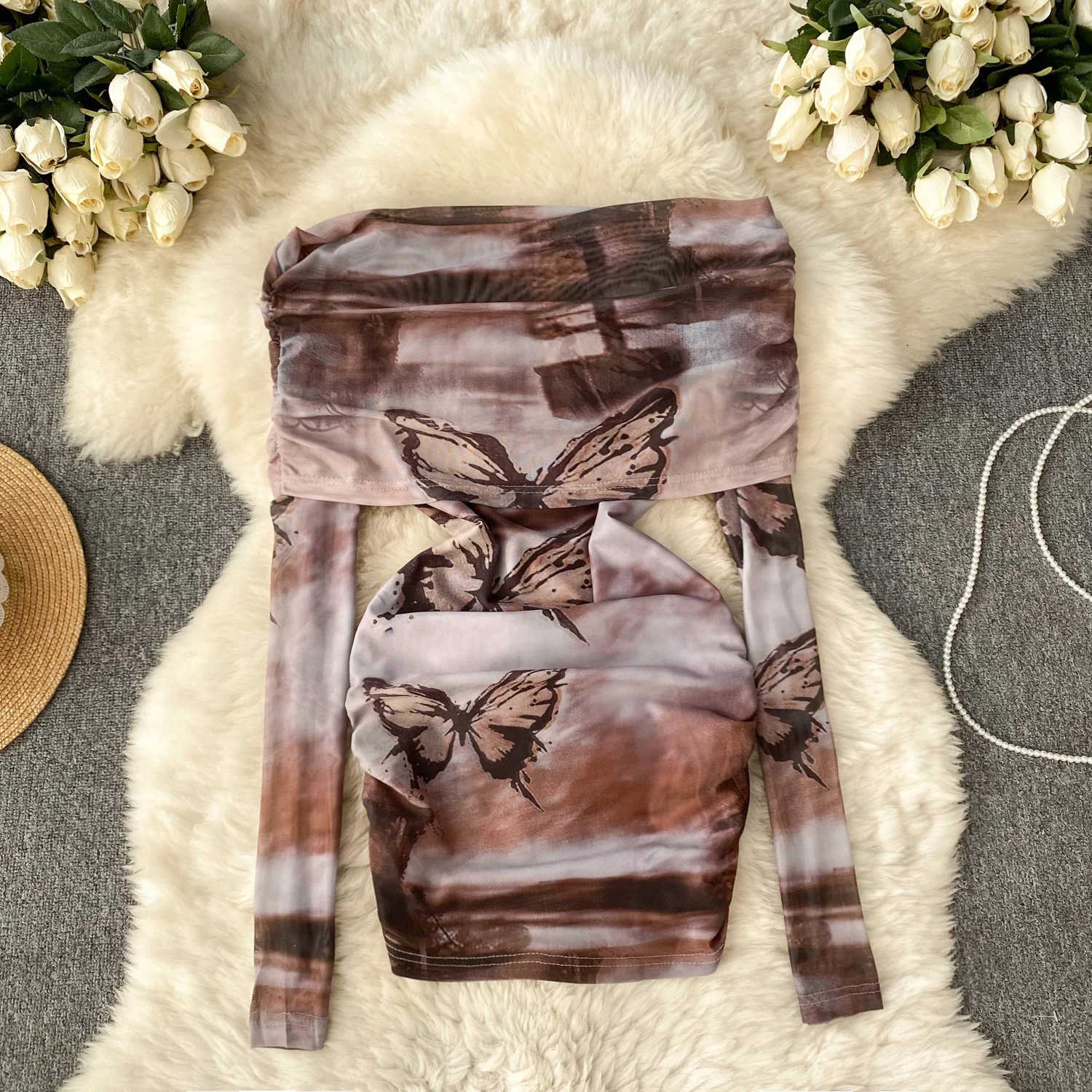 

2024 Fashion Retro Mixed-color Tie-dyed Sexy Hot Girl Off-shoulder Versatile T-shirt Women