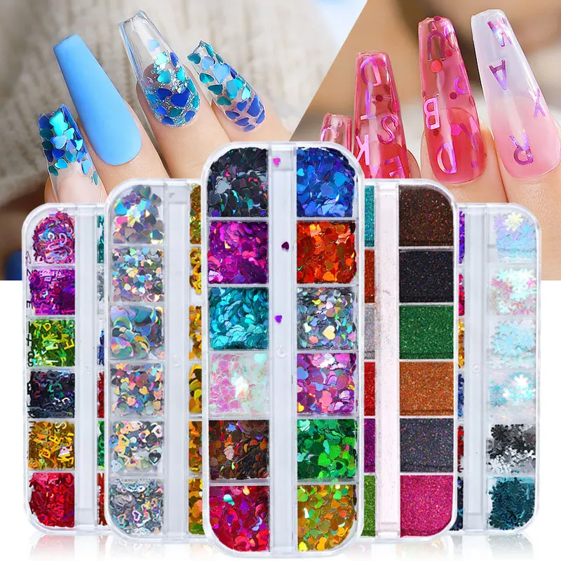 

12 grid Nail Glitter Powder Sequins Mixed Butterfly Heart Letter Snowflowers Laser Colorful Flakes 3D Shiny Nail Art Decorations