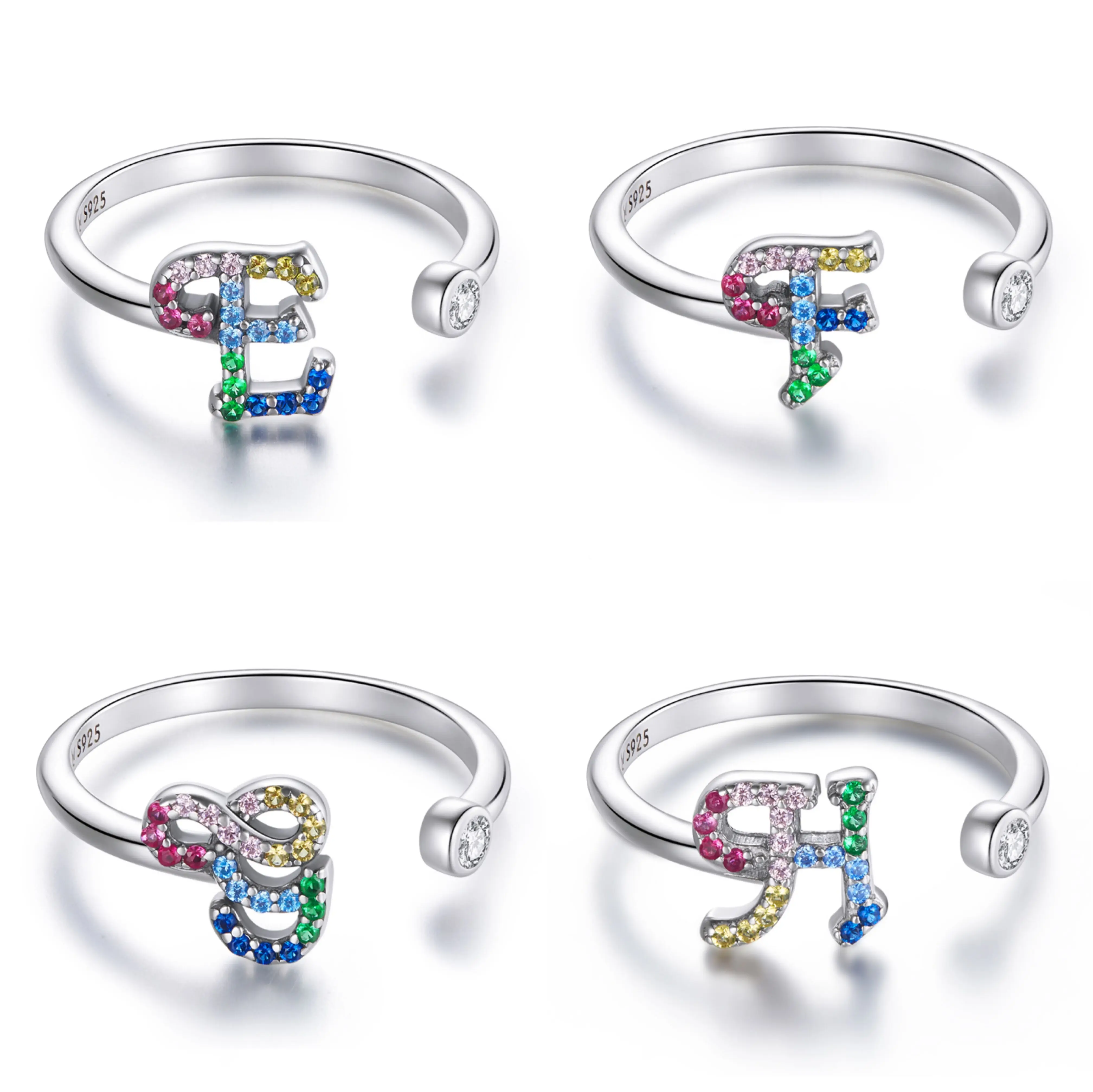 

SCR723 Colorful cz stone letter A~Z 925 sterling silver adjustable alphabet ring