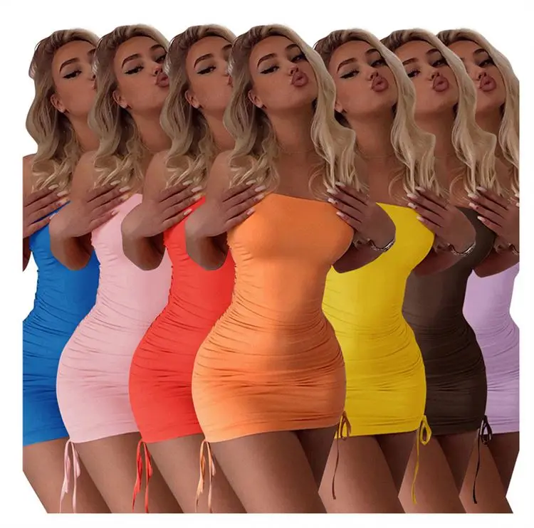 

PEARL Best Seller Ladies Summer Plain Dress Solid Color Side Drawstring Suspender Women Casual Sexy Bodycon Mini Dresses