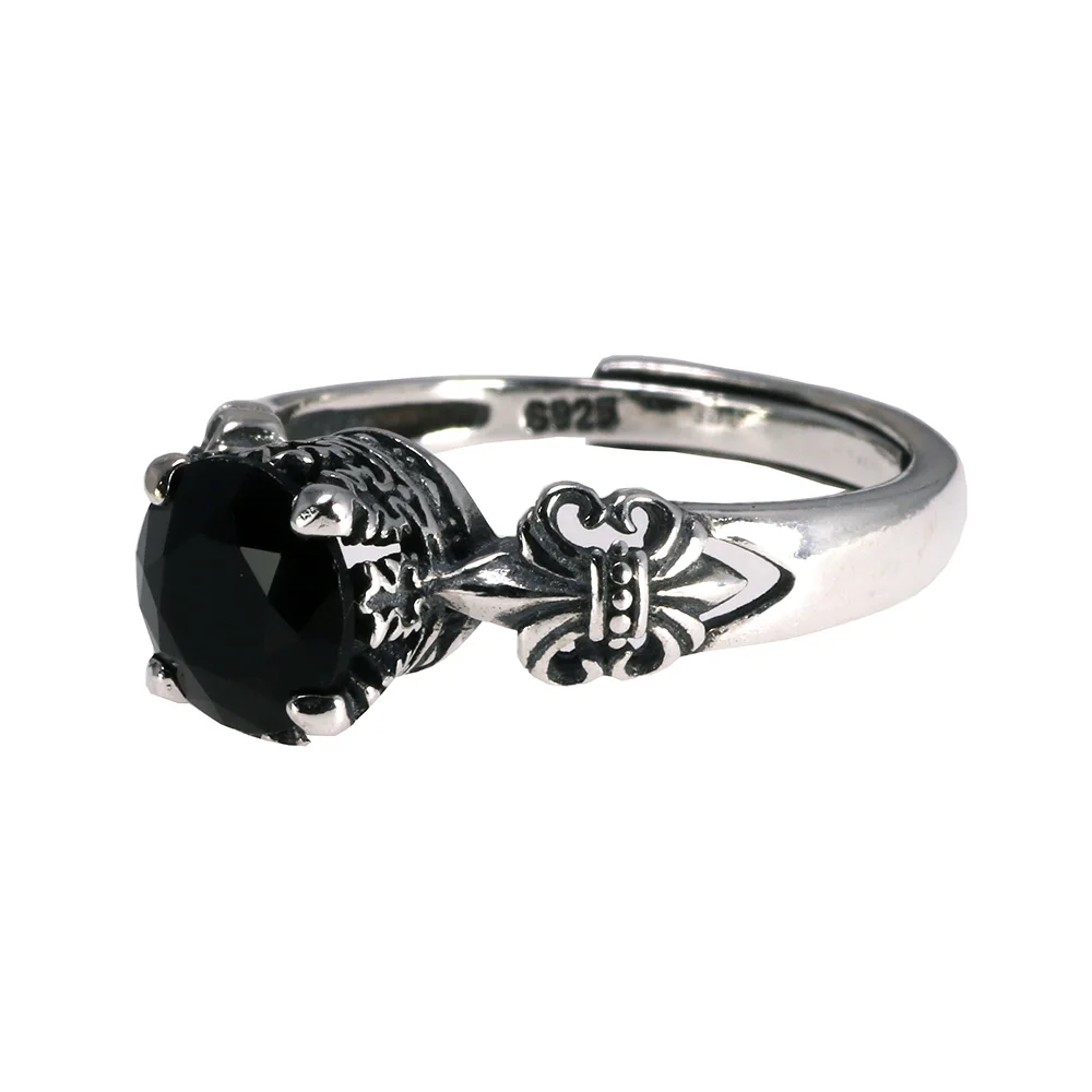 

925 Sterling Silver Black Onyx Zircon Stone Rings For Men And Women Carving Vintage Anchor Inlaid Natural Gemstone Opening Type