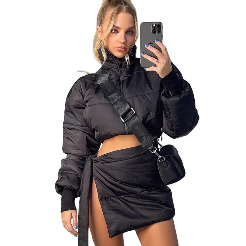 

2021 New Design Bubble Jacket And Women Sexy Mini Dress Two Piece Winter Sets For Women