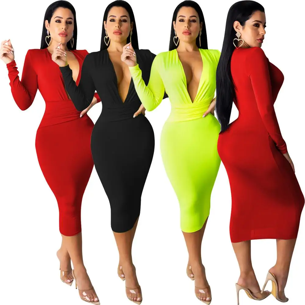 

Sexy Dresses for Women Long Sleeve Deep V Bodycon Fall Autumn Midi Dress Ladies Work Office Solid Color Fashion Dress RS00281
