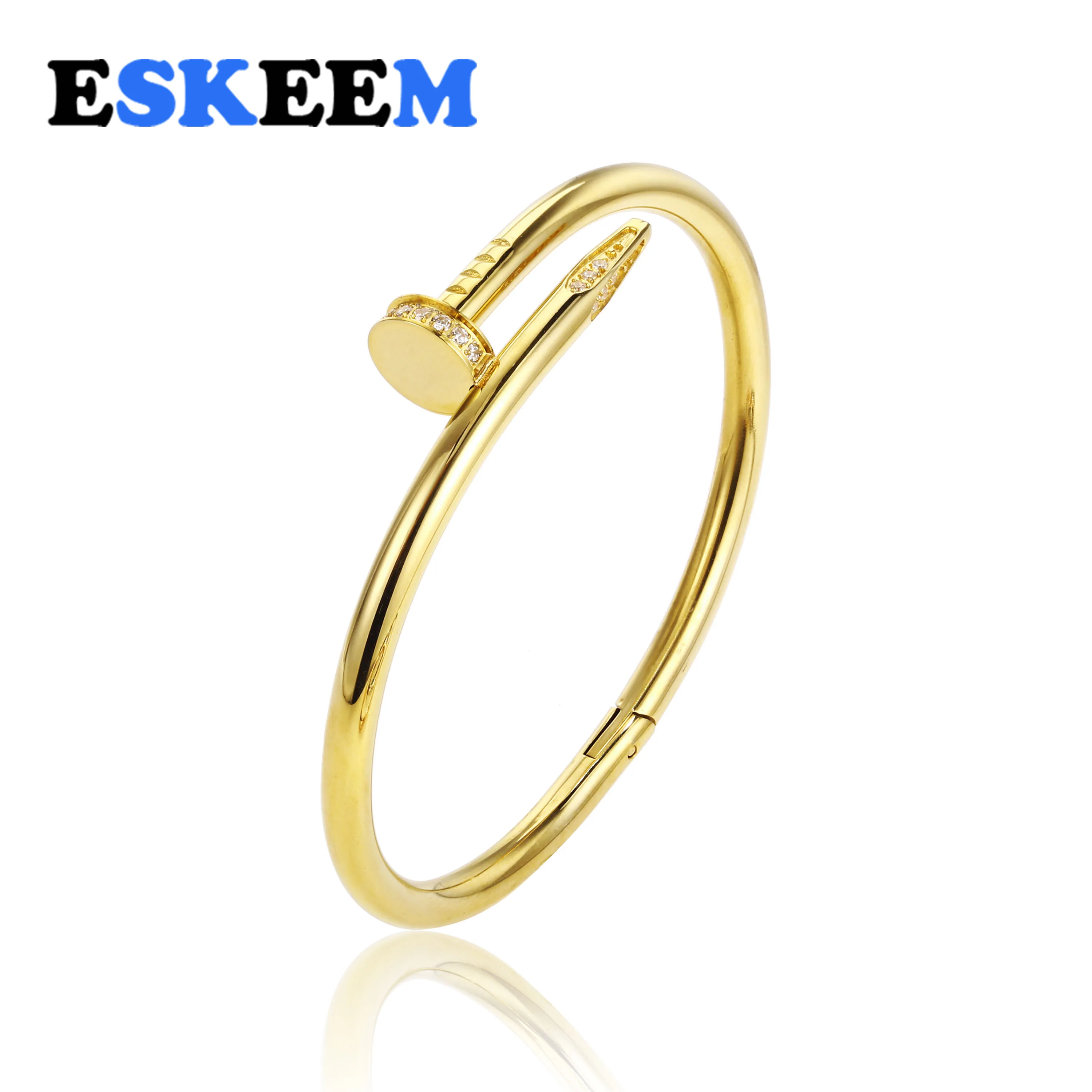 Eskeem 18K Gold Plated Fashion Jewelry Stainless Steel Cuff Diamond Nail Bangle for Unisex