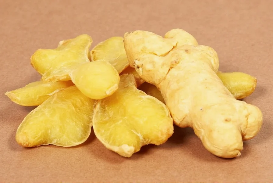 Close-up comparison of dry ginger powder versus fresh ginger root showing texture and color differences