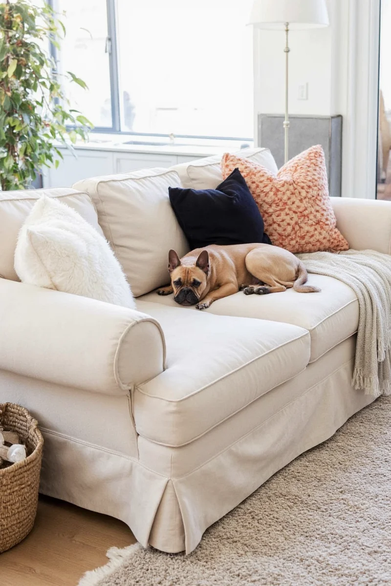 Sure Fit denim slipcover on a vintage-style sofa with wooden accents, surrounded by rustic décor items
