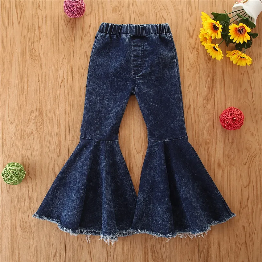 

Toddler Baby Girl Double Flared Jeans Washed Bell-bottom High-waist Denim Pants Children Infant Spring Autumn Outfit, As picture