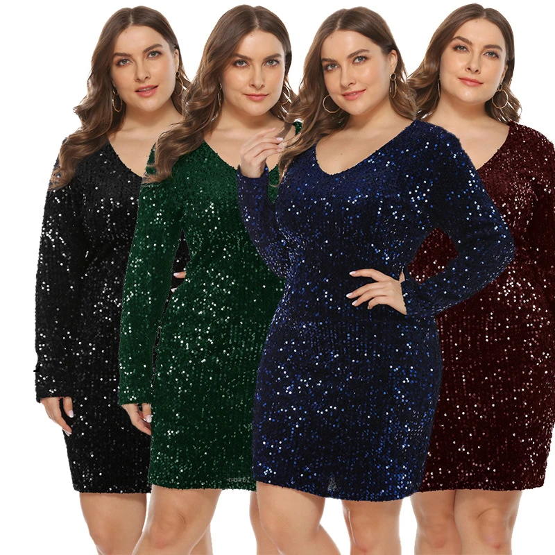 

WL0019D shining night club sexy Beaded Sequin V-neck butt flap Bodysuit skirt Tight fitting Buttocks women's plus size dress