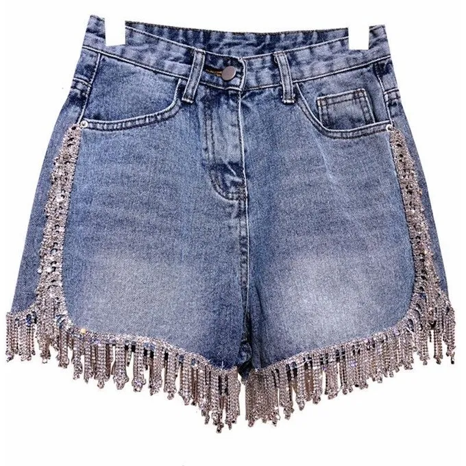 

2021 Summer New Girl Women's Short Pants Rhinestone Fringed High Waist Denim Shorts Diamond Jeans Hot Pants, Blue