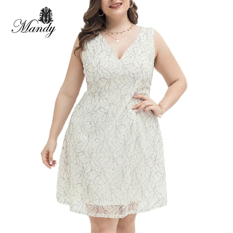 

2021 plus size white lace dress women elegant dress office wear