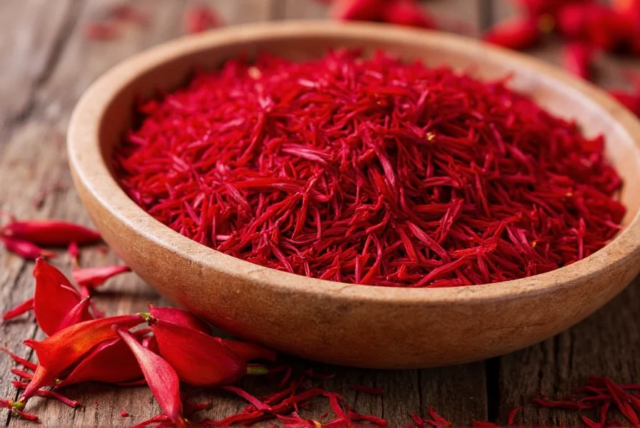 Close-up of saffron threads showing vibrant crimson color against white background