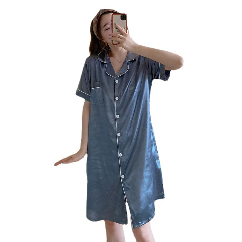 

Sexy Silk Satin Mini Dress Nightgown for Women 2021 Summer Korean Short Sleeve Home Dress Sleepwear night gown Nightdress Nighty, Picture shows