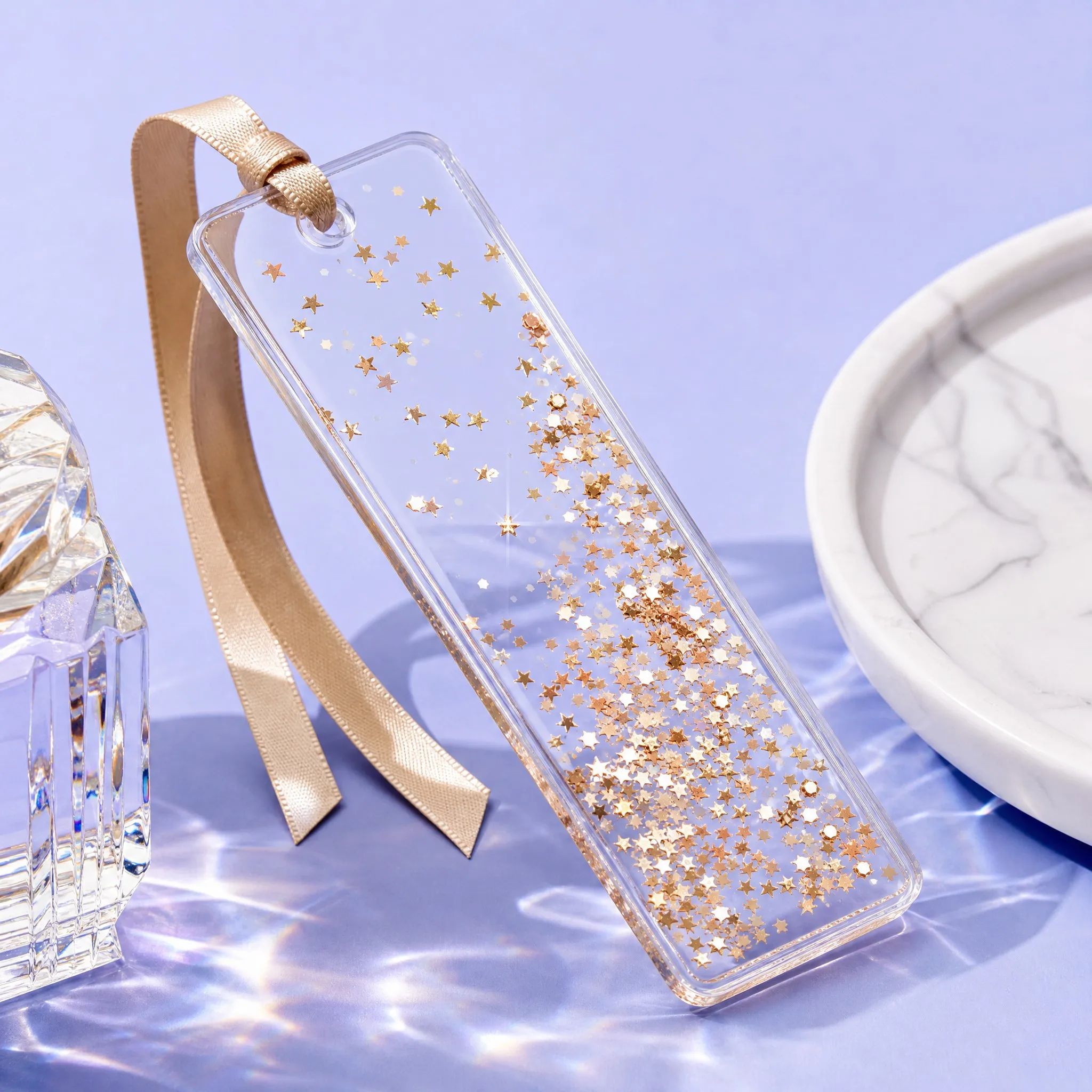 Custom Liquid Quicksand Cascading Gold Star Glitter Crystal Acrylic Bookmark