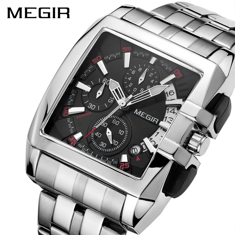 

MEGIR 2018 new style silver man quartz watch amazon Stainless steel band square 3 dials chronometer Multi function hand watch