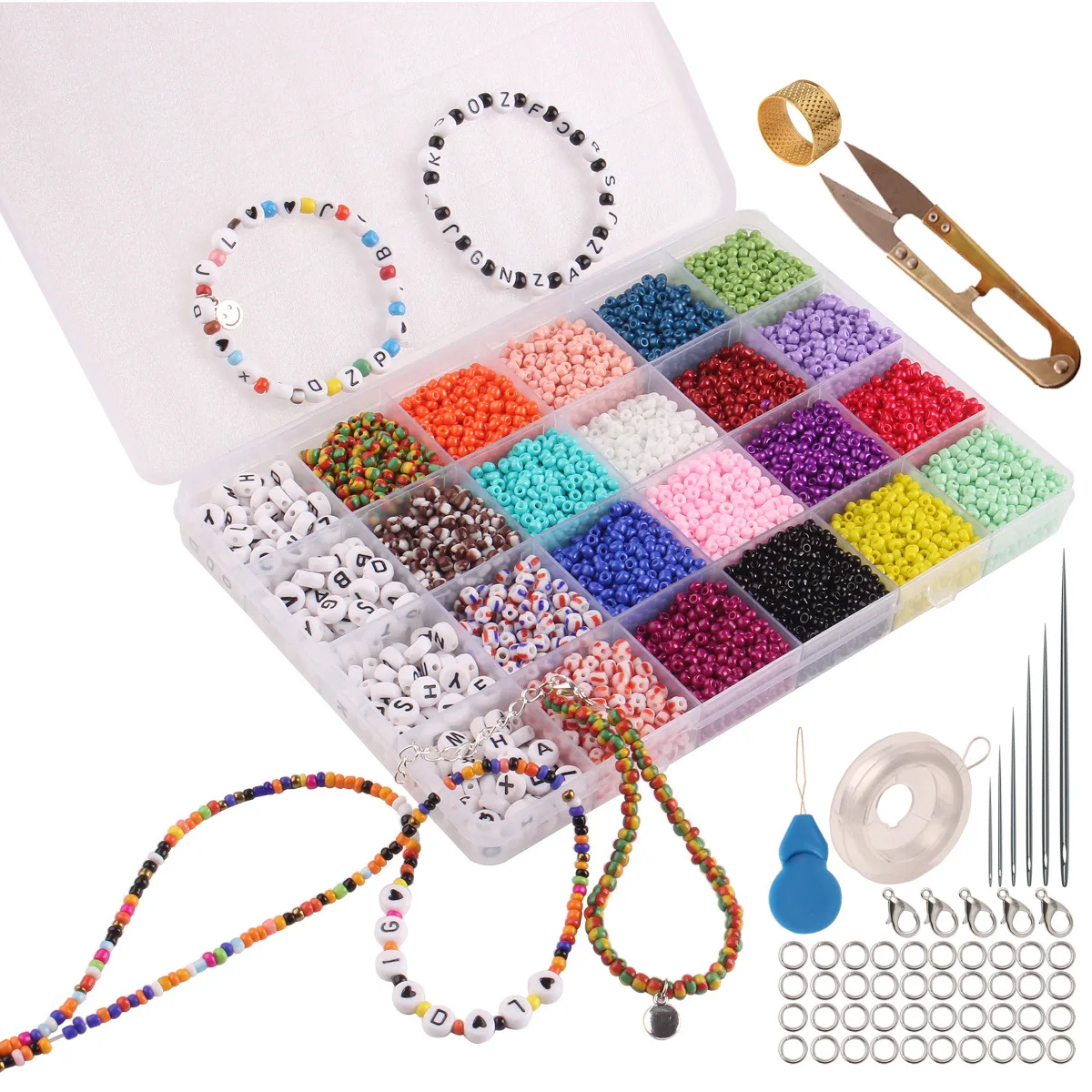 

10000PCS 24 Gird Plastic Boxes Jewelry Findings Tool Set 3mm Glass Seed Spacer Bead for Ankle Bracelet Necklace DIY Making Kit, 24 girds