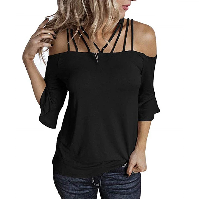 

Hot Style Fashion Sexy Oversized Loose Backless Off Shoulder Strap Trumpet Sleeve T-shirt For Women, Black/pink/white/gray/army green/wine red