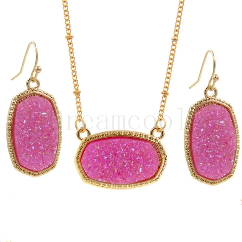 

Oval Style Resin Drusy Druzy Gold Necklace Earings luxury designer jewelry set for women Wedding Party Gift Christmas