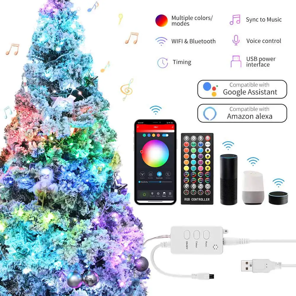 WIFI Smart Christmas Lights Led String Light for Christmas Decoration Music sync Compatible with Google assistant /Amazon Alexa