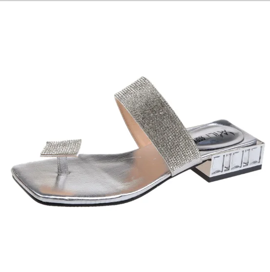 

Hot selling new women's shoes hot drilling toe fairy wind thick heel and cool slippers, Black,silver ,gold