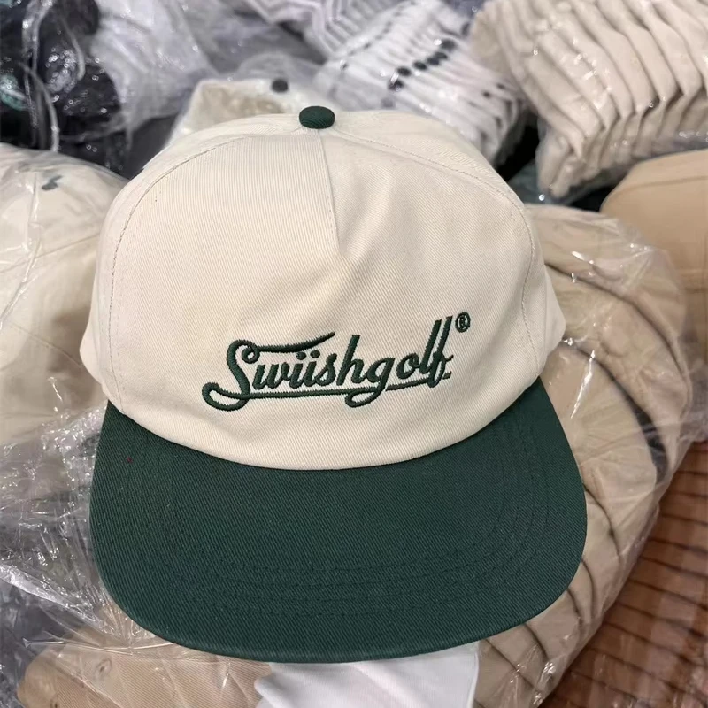 Mens Snapback Cap 5 Panel Dad Hat Custom Embroidery logo Unstructured Hat Two Tone Color Green Brim Cap 100% Cotton Hat