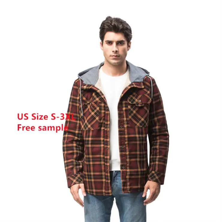 

Custom Casual Logo Winter Work Flannel Plaid Mens Hooded Shearling Long Jackets Fleece Fur Men Shirt Jacket, Picture