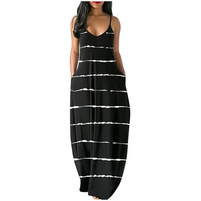 

Newest Design V Neck Suspender Strap Loose Pockets Ladies Solid Color Long Dress Women Fashion Casual Maxi Dresses, Picture color