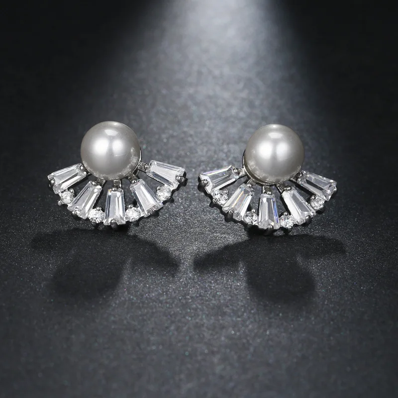

Fashion multicolor Beautiful zircon earrings jewelry fan pearl earrings studs