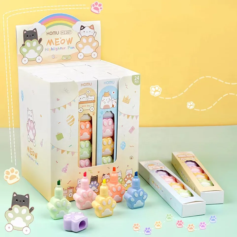 

Cute highlighter pen 5 color set creative cat paw shape for school kids