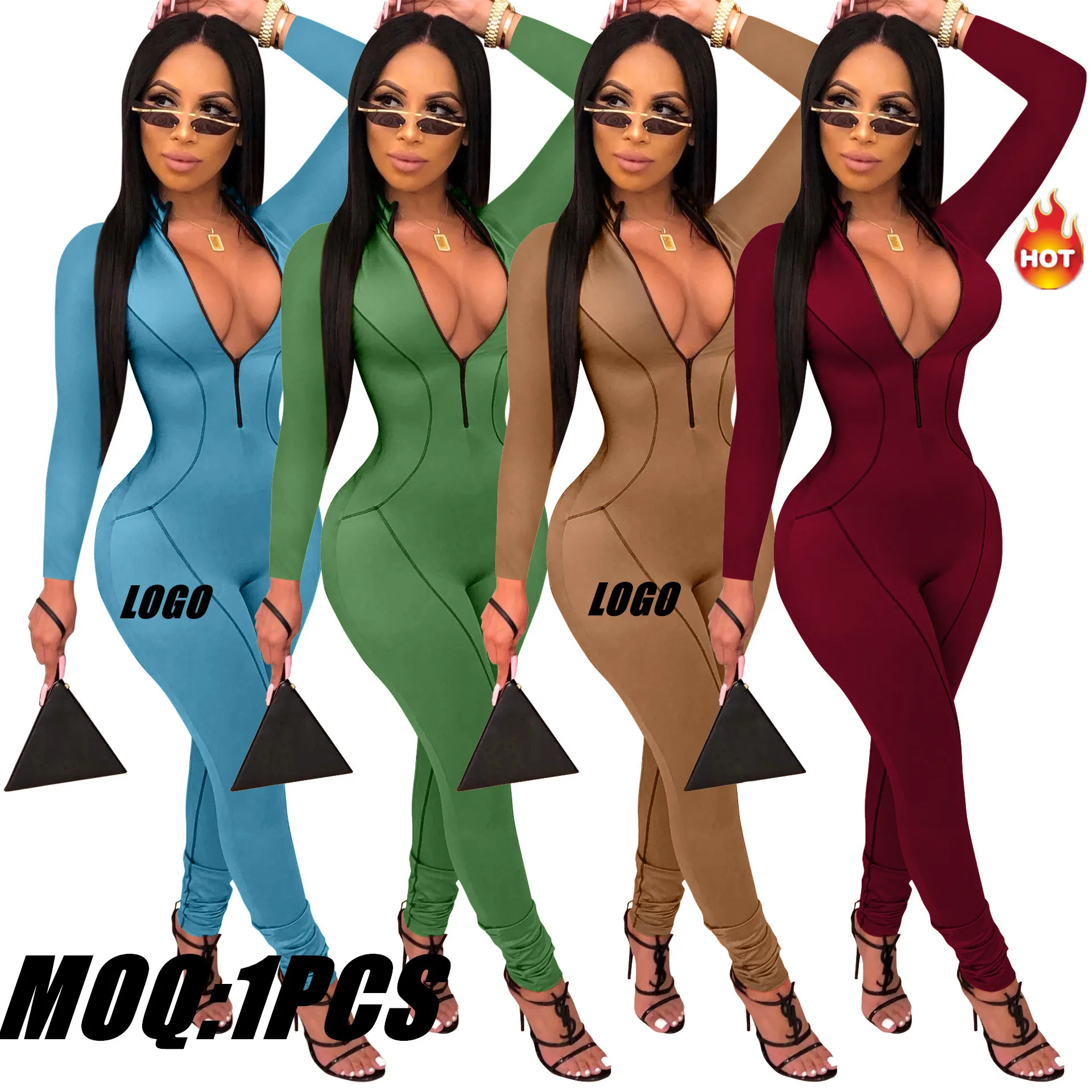 

2022 Women clothes Sexy Ladies Rompers Fitness Yoga Long Sleeve Zipper Spring Women One Piece Bodycon Jumpsuits, Picture